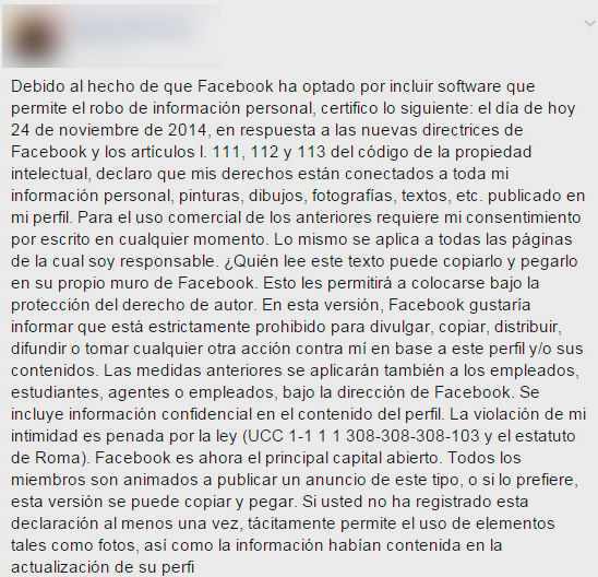 El mensaje que rechaza la política de privacidad de Facebook no sirve de nada