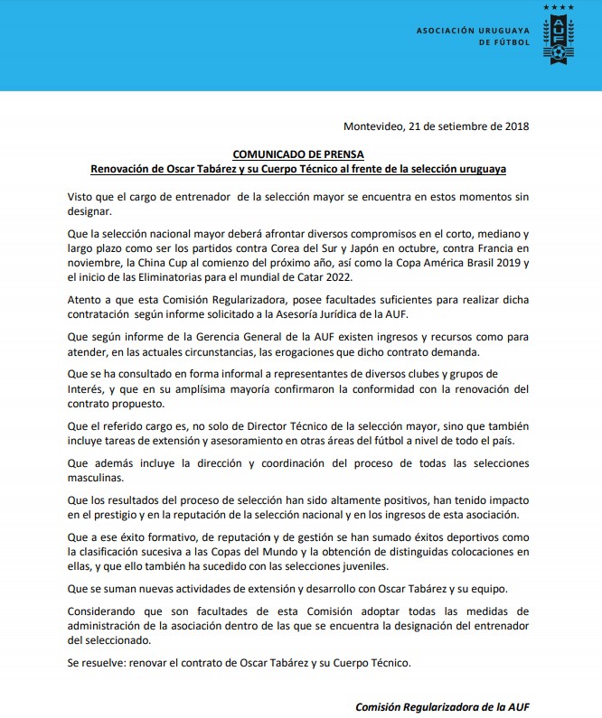 Fútbol uruguayo: El comunicado de la selección