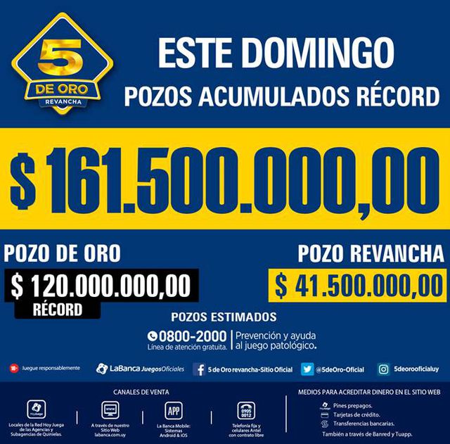 5 de Oro con Revancha sortea más de 161 millones de pesos en pozos