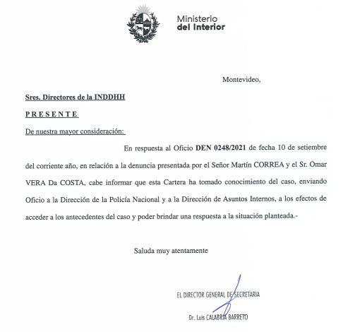 Notificación de la denuncia a la que accedió Montevideo Portal.