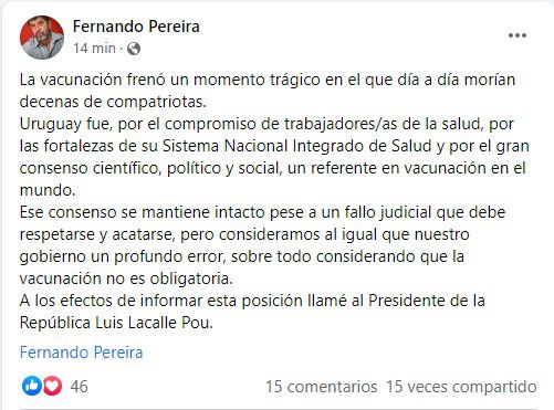 Captura de pantalla de la cuenta de Facebook de Fernando Pereira.