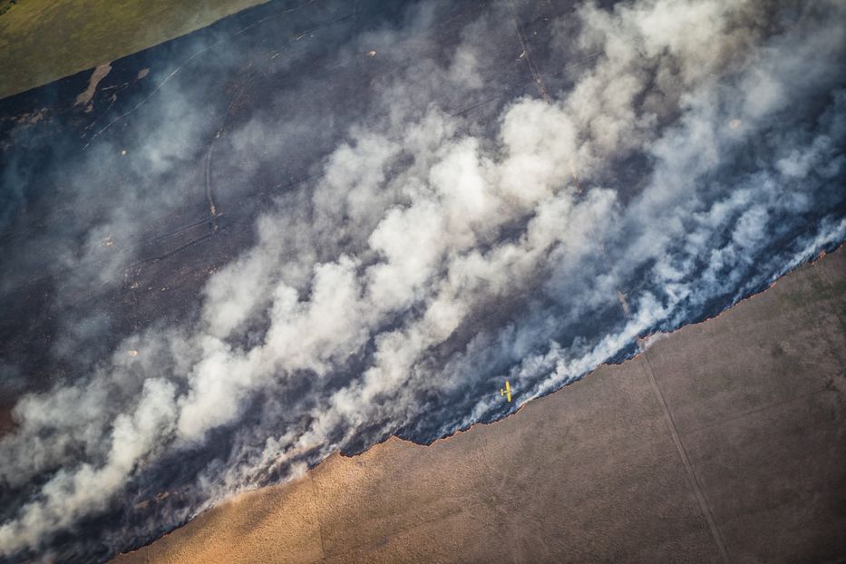 Un avión fumigador termina de desplegar su carga
de agua sobre la línea del fuego. Foto: Sebastián Astorga / Montevideo Portal
