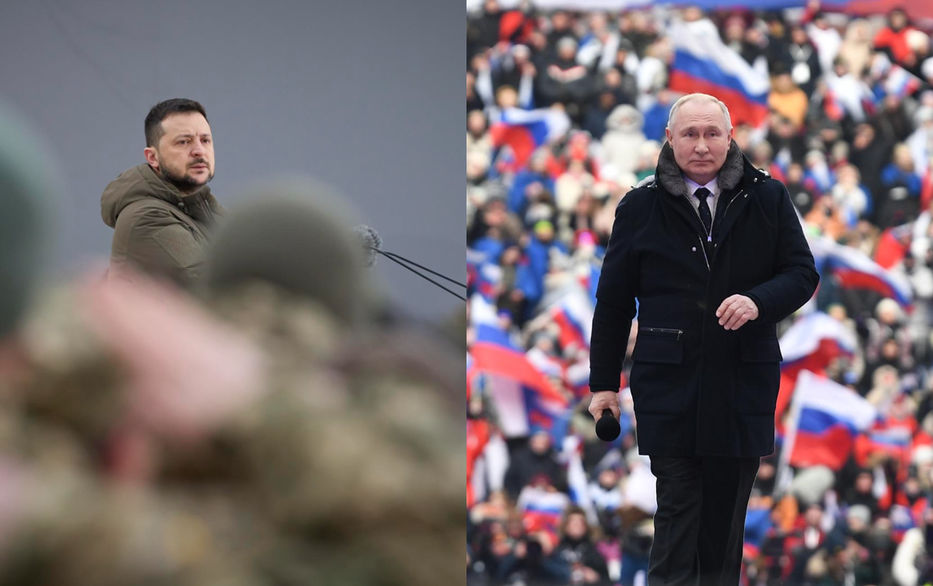 Zelenski en el aniversario de la invasión y Putin en un mitin por el día de la Patria Rusa. Fotos: EFE/EPA/UKRAINIAN PRESIDENTIAL PRESS SERVICE (Zelenski )/ Maxim Blinov / EFE/EPA/SPUTNIK (Putin)