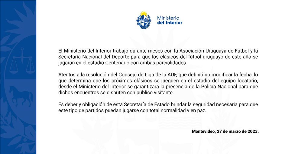 Autoridad sugiere cambiar la fecha del clásico del fútbol uruguayo por  seguridad