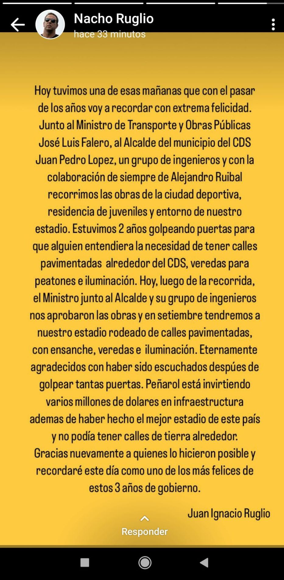 Foto: captura estado de WhatsApp Ignacio Ruglio