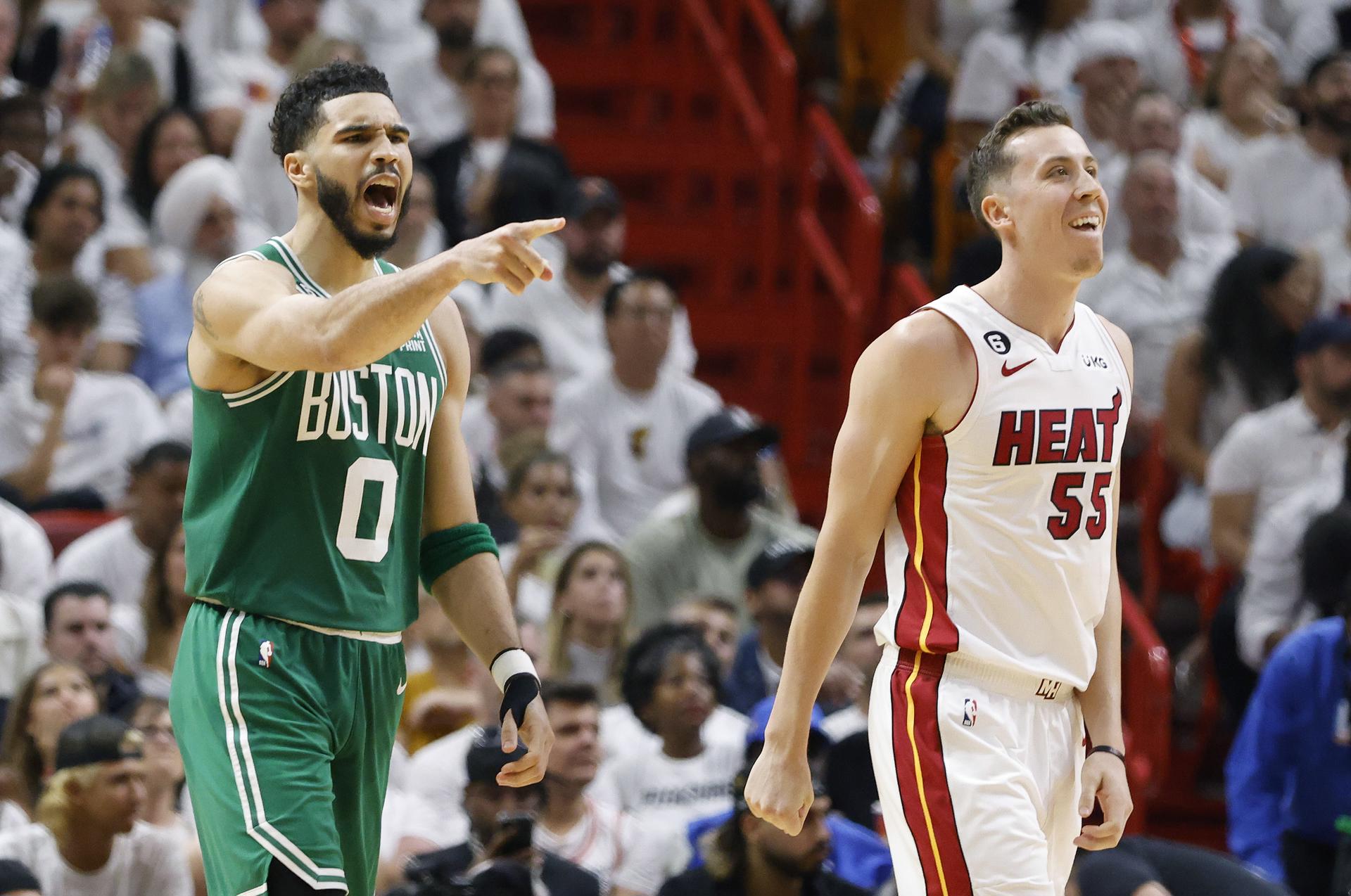 “Celtics’ Hail of 18 Triples Keeps Them Alive in Playoff Series Against Miami Heat”