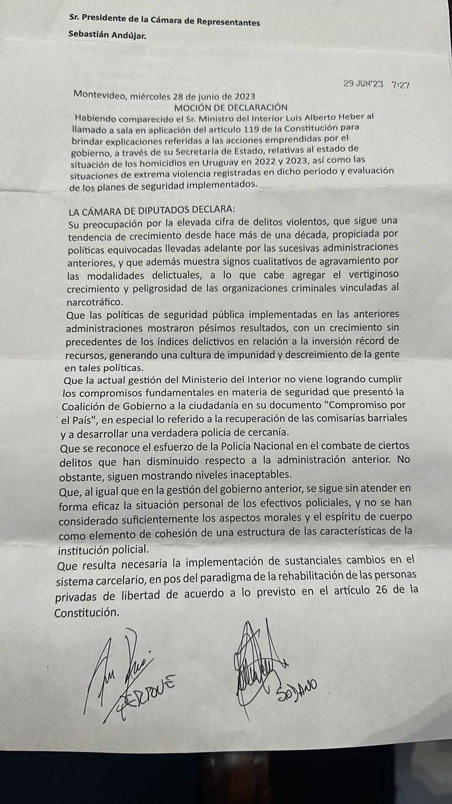 La moción que presentó Cabildo Abierto. Foto: cedida a Montevideo Portal