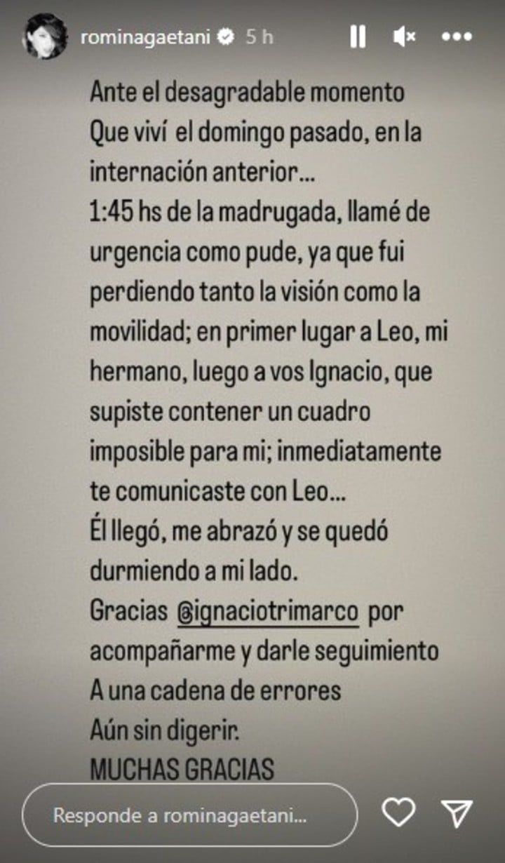 Foto: captura historias de Instagram / @rominagaetani