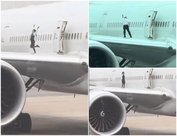 Los pescaron al vuelo: sesión de fotos sobre el ala de un avión se hace viral en redes