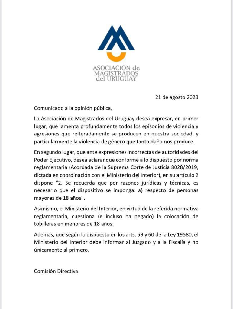 Imagen: comunicado Asociación de Magistrados del Uruguay