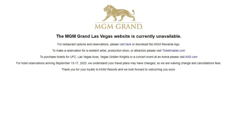 “El sitio web de MGM Grand Las Vegas no está disponible actualmente”. Imagen: captura del sitio web de MGM Resorts
