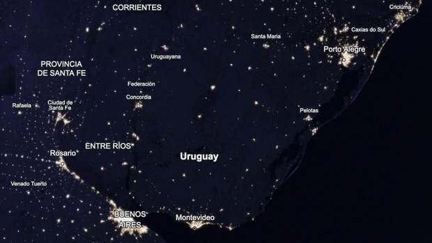 Así se ve Uruguay por la noche: mapa del tendido eléctrico visto desde un satélite