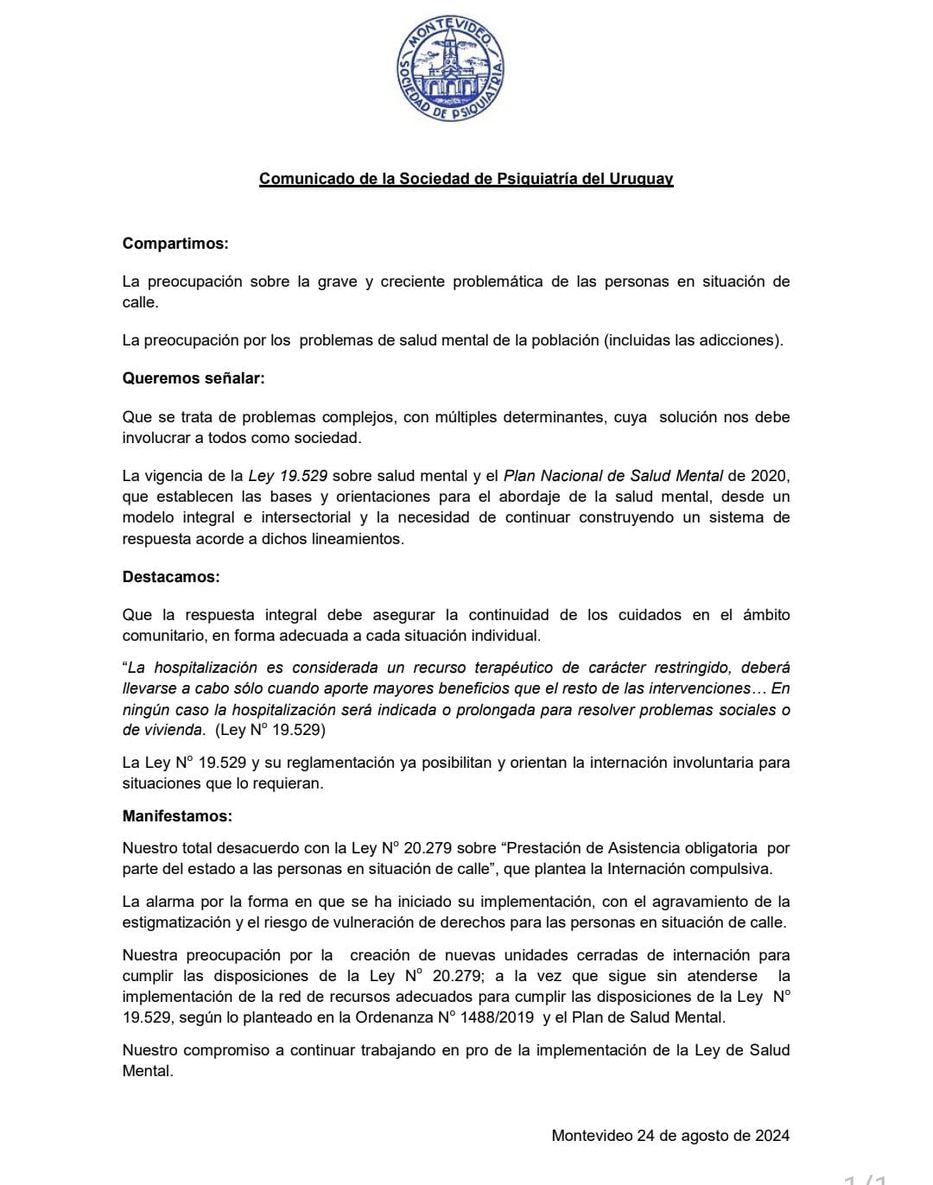 Comunicado Sociedad de Psiquiatría del Uruguay