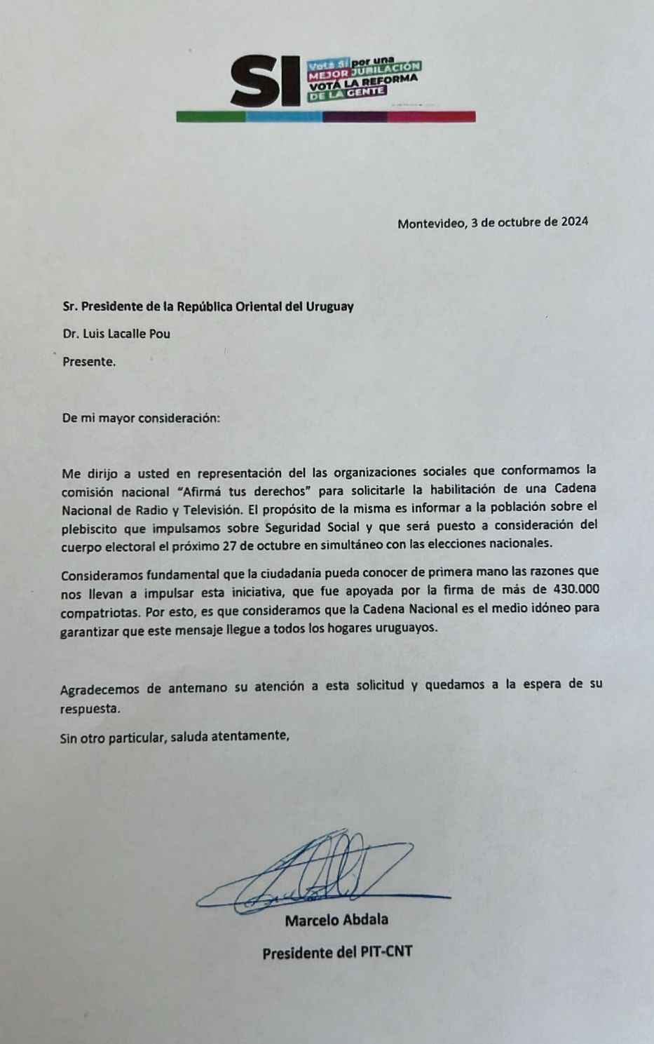 Carta del Pit-Cnt enviada a Presidencia