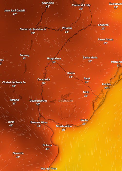 Proyección  del modelo GFS para el mediodía del martes