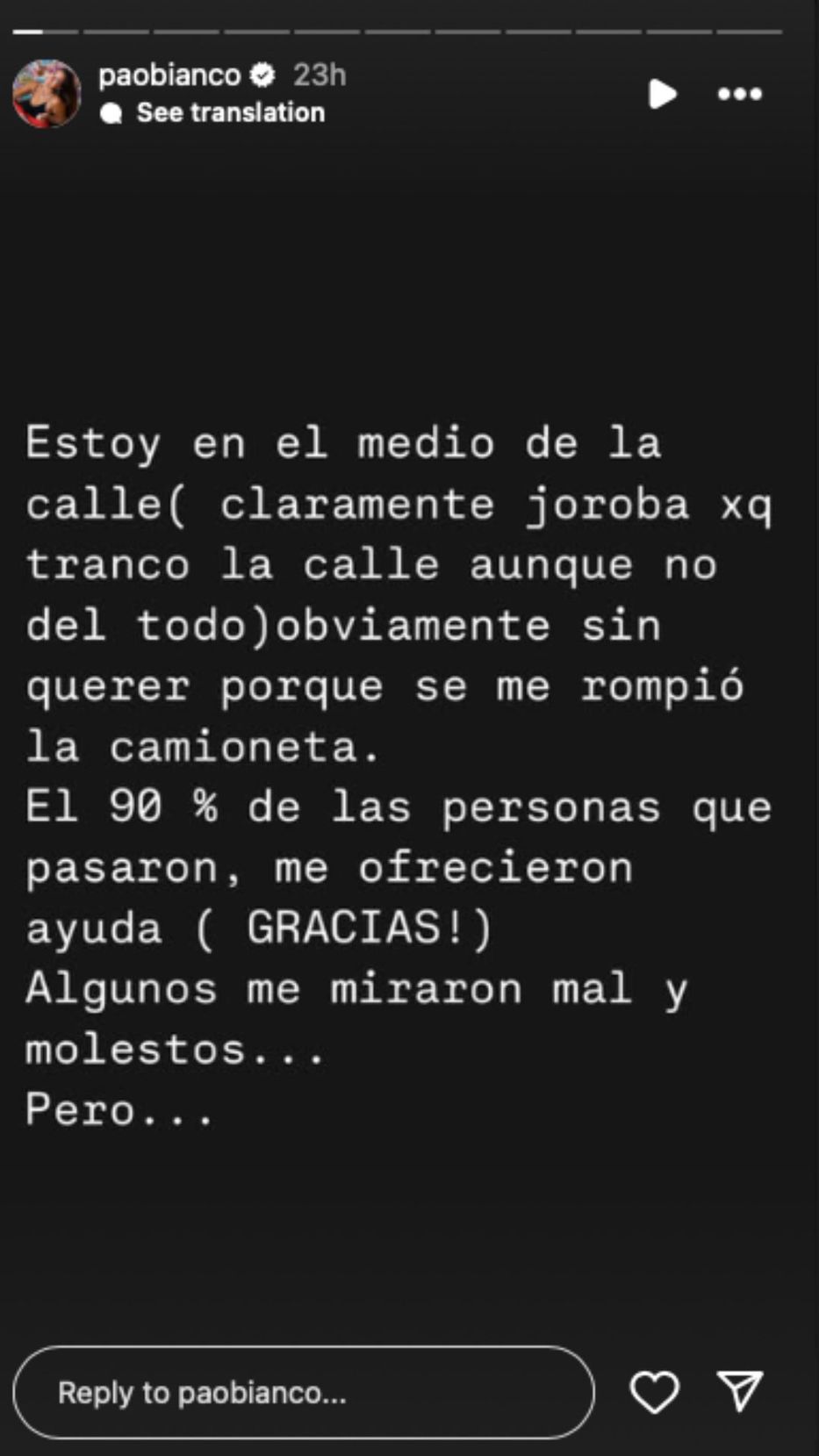 Foto: Historias de Instagram/ @paobianco