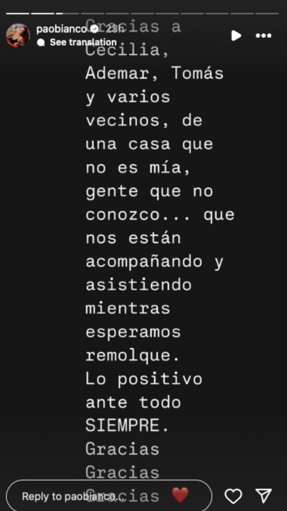 Foto: Historias de Instagram/ @paobianco