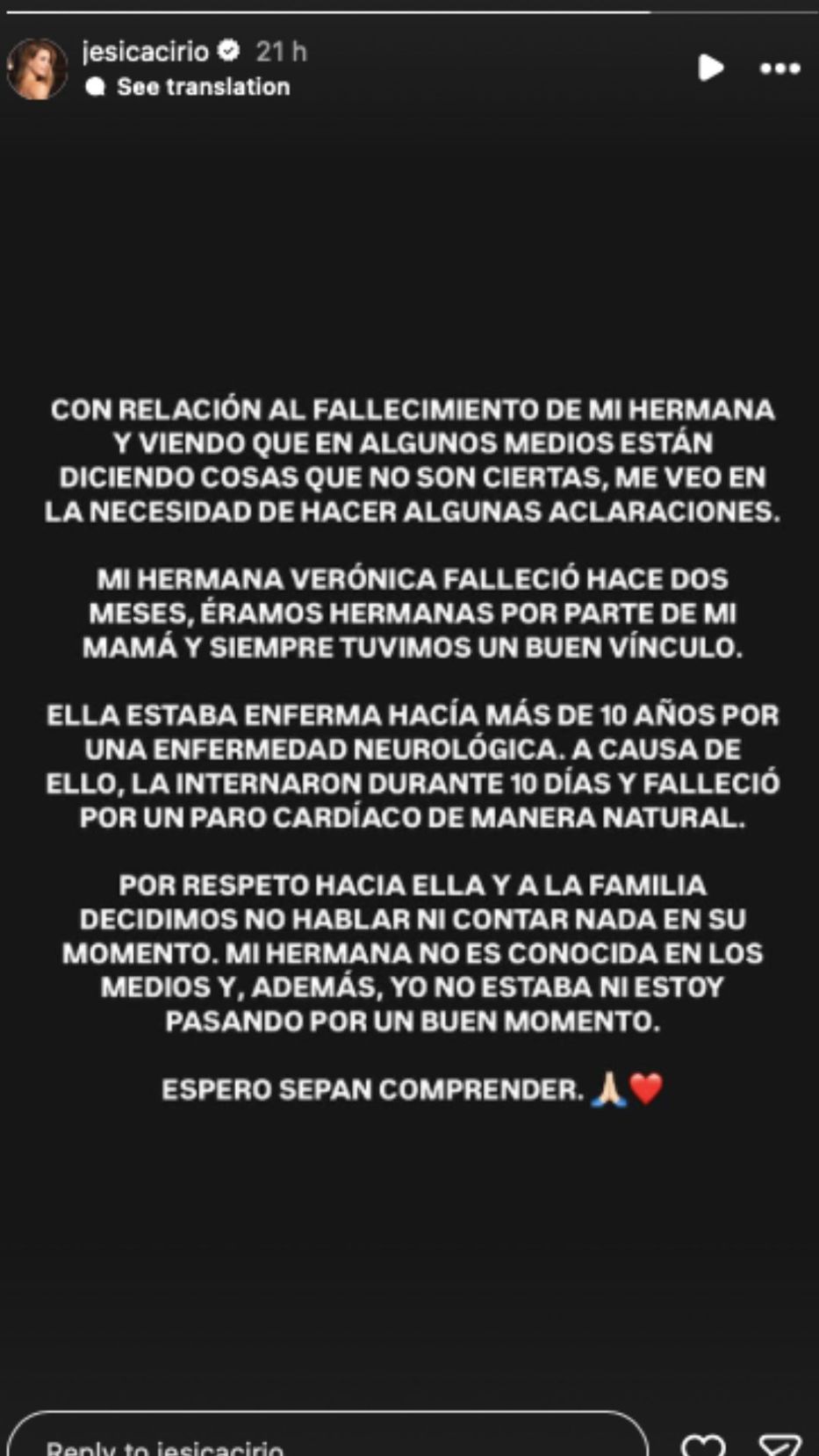 Foto: Historias de Instagram/ @jesicacirio