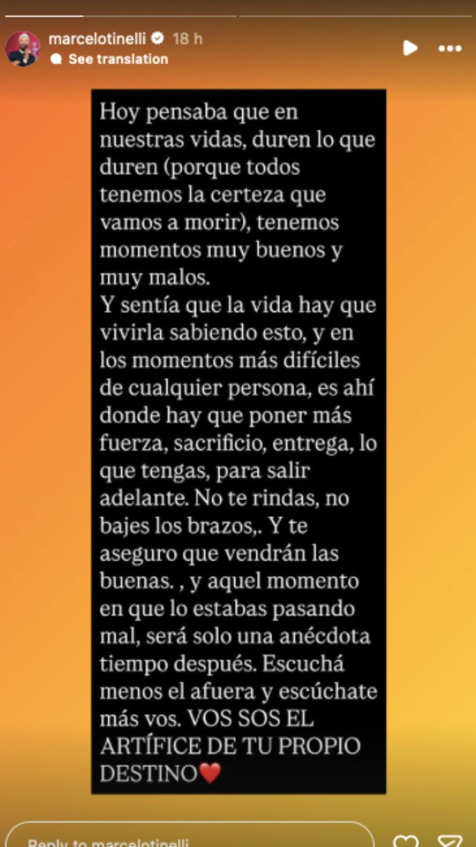 Foto: Historias de Instagram/ @marcelotinelli