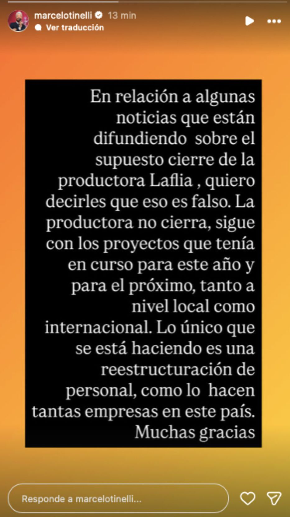 Foto: Historias de Instagram/ @marcelotinelli