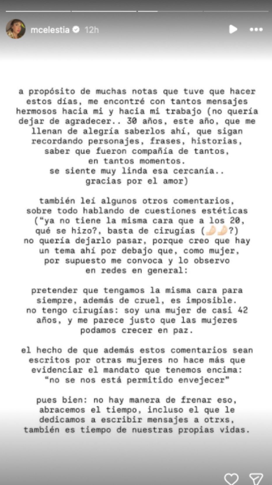 Foto: Historias de Instagram/ @mcelestia