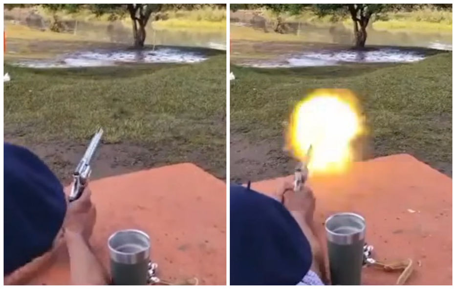 Hombres practican tiro al blanco en balneario Tranqueras con revólver.