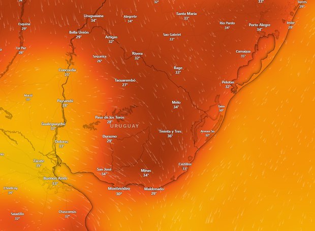 Proyección GFS para el mediodía del jueves