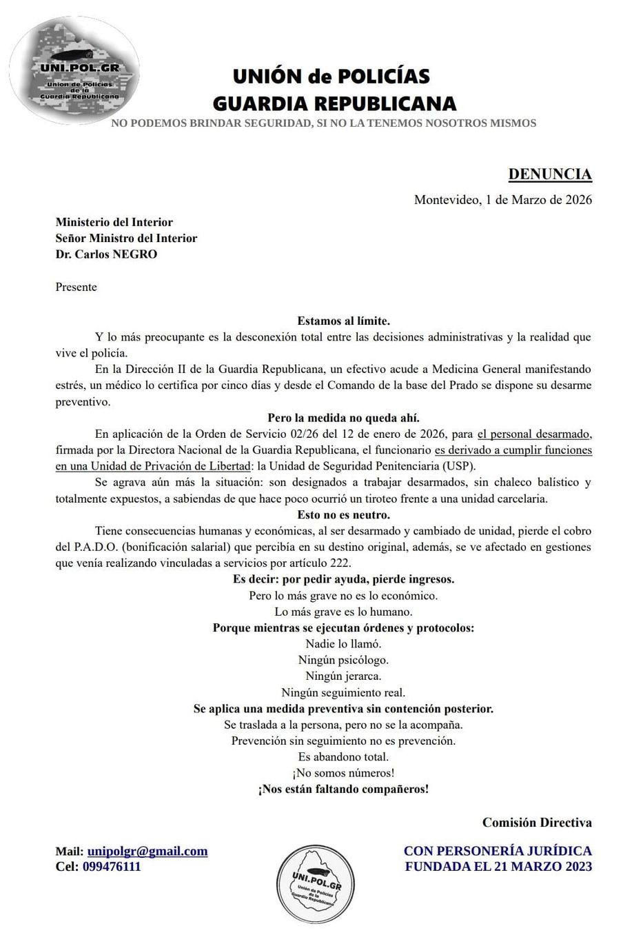 Guardia Republicana: denuncian abandono total de los policías 2 Documento oficial de la Orden de Servicio 02/26 que regula el desarme y traslado en la Guardia Republicana.