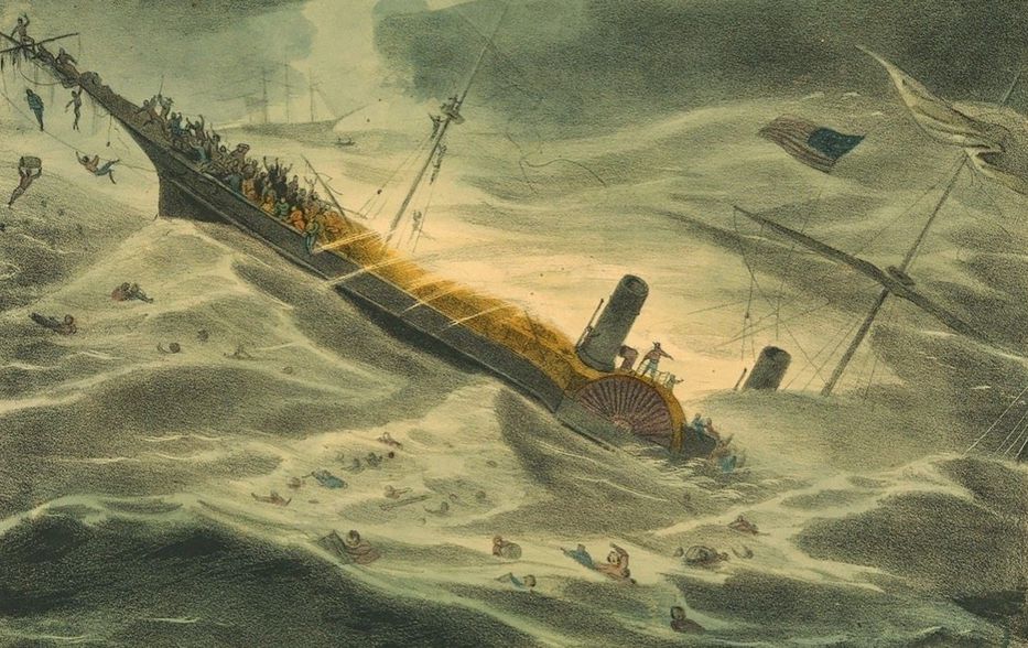 El naufragio del Barco del Oro. Grabado de  J. Childs conservado en el Museo Marítimo de Londres