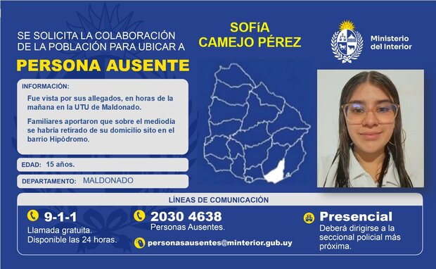 Persona ausente en Maldonado: solicitan ayuda para ubicar a una adolescente de 15 años