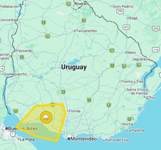 Los departamentos afectados por la alerta amarilla de Inumet ante tormentas fuertes