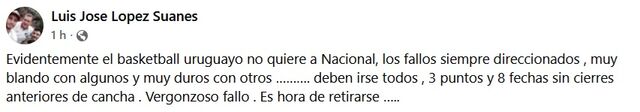 Luis López estalla contra la FUBB: "El básquetbol uruguayo no quiere a Nacional" — image 1