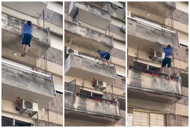 Colgaba de un cuarto piso, intentó un “saltito” para no caer, pero le salió mal