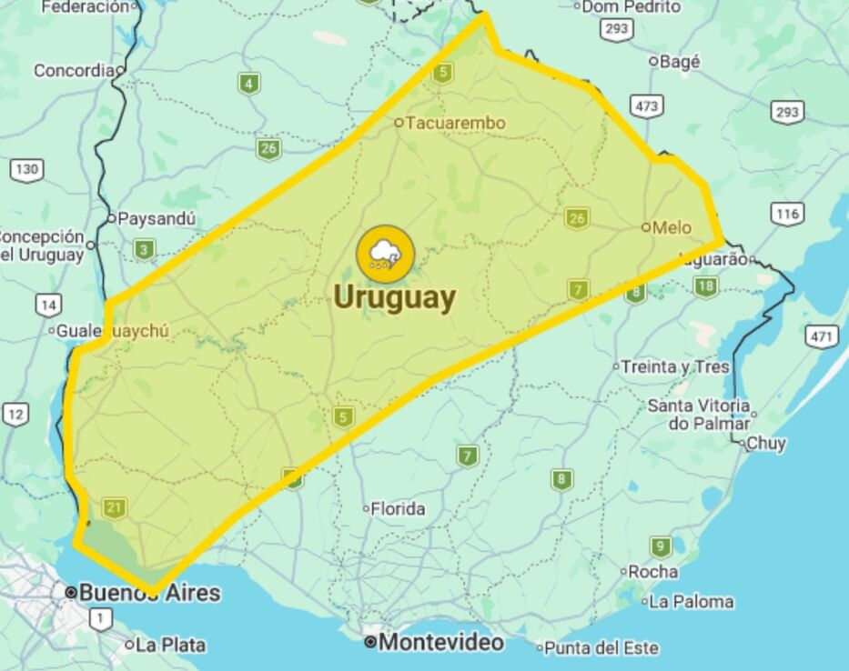 Agua, viento y granizo: rige alerta amarilla por tormentas fuertes en once departamentos