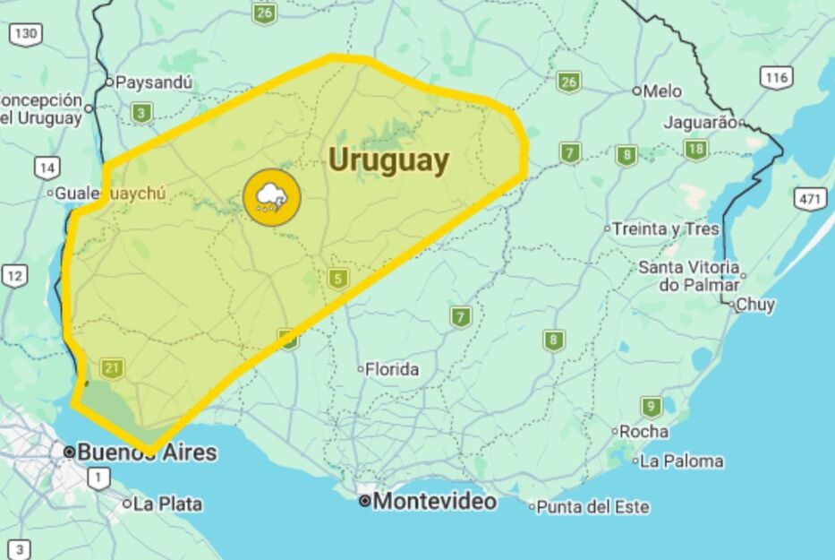 Agua, viento y granizo: rige alerta amarilla por tormentas fuertes en nueve departamentos