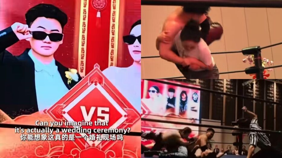 China: pareja organizó una lucha libre en su casamiento para ver quién lavaría los platos