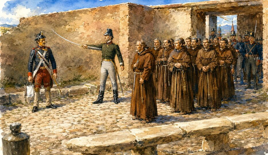 Expulsión de los franciscanos. Pintura de Diógenes Hequet.