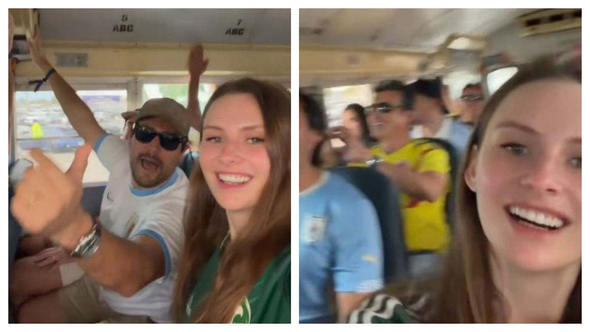 Influencer y modelo rusa, con camiseta saudí, se filmó compartiendo ómnibus con uruguayos
