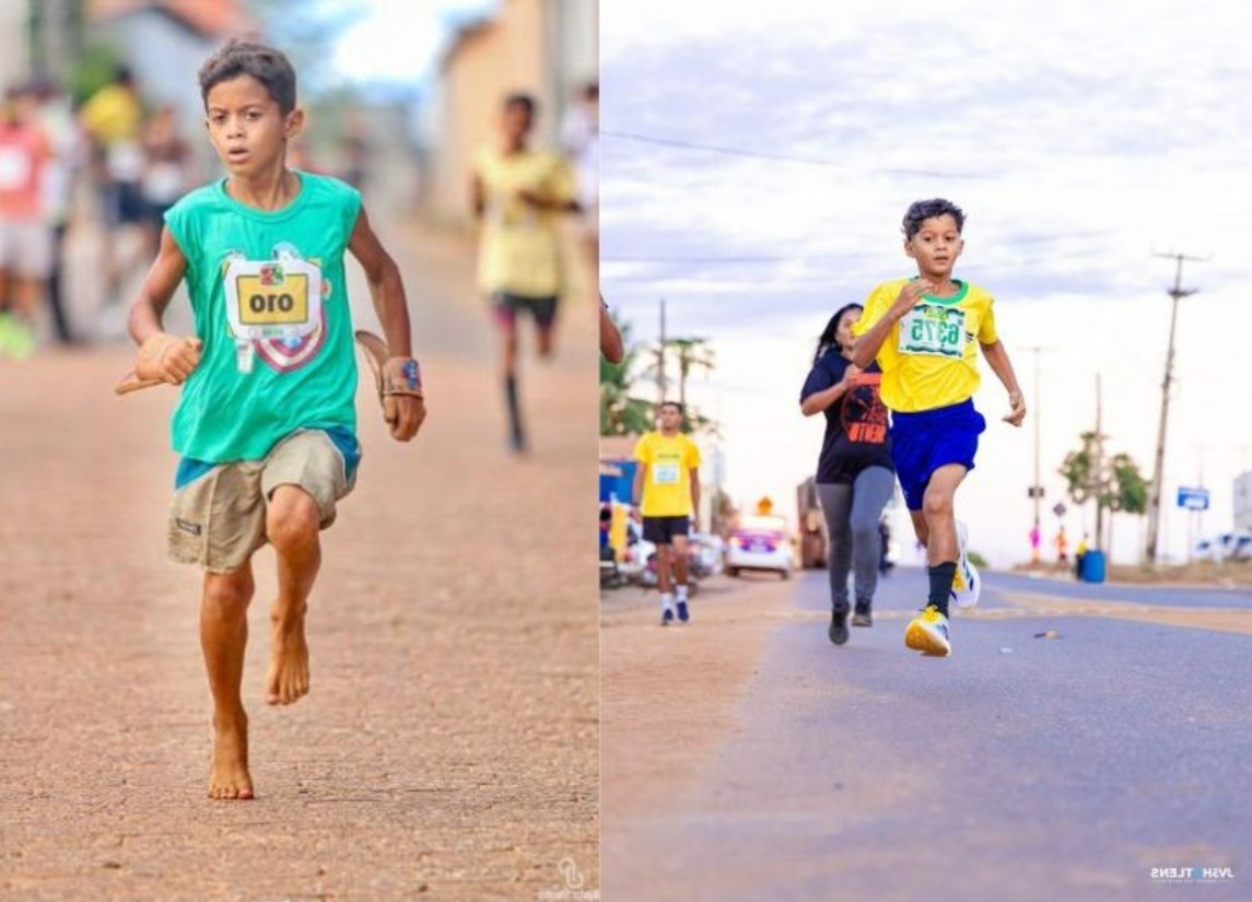 Campeón: fue viral al correr descalzo y salir segundo, le dieron championes y ganó