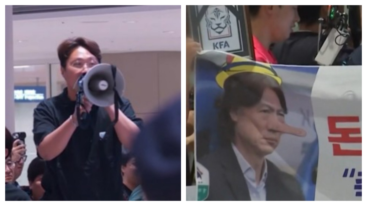 Pancarta de Pinocho y gritos contra jugadores y DT de Corea del Sur al volver del Mundial
