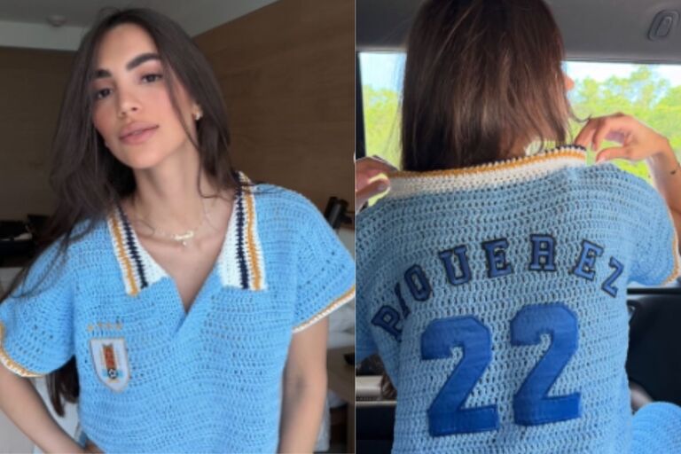 El look viral de Camila Álvarez, pareja de Piquerez: alentó a Uruguay con outfit tejido