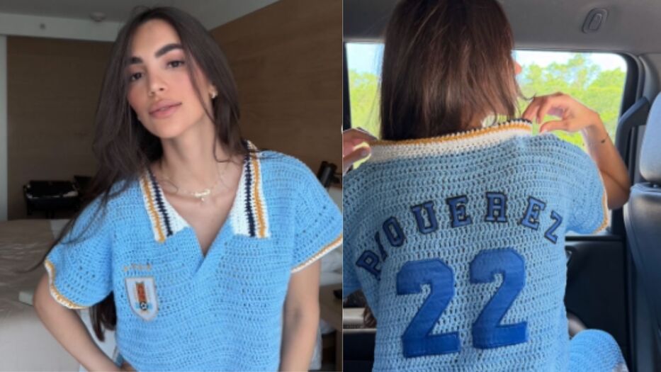 El look viral de Camila Álvarez, pareja de Piquerez: alentó a Uruguay con outfit tejido