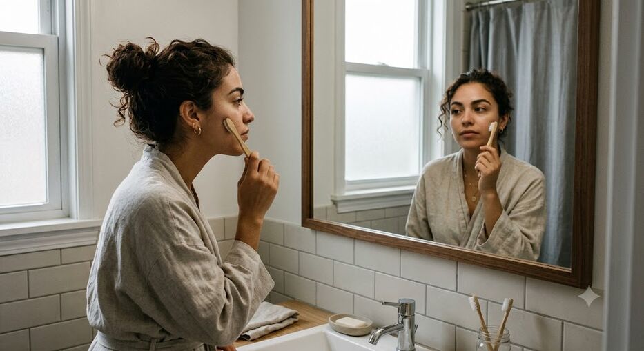 Mujer se pasa un cepillo de dientes por la cara. generada por Gemini