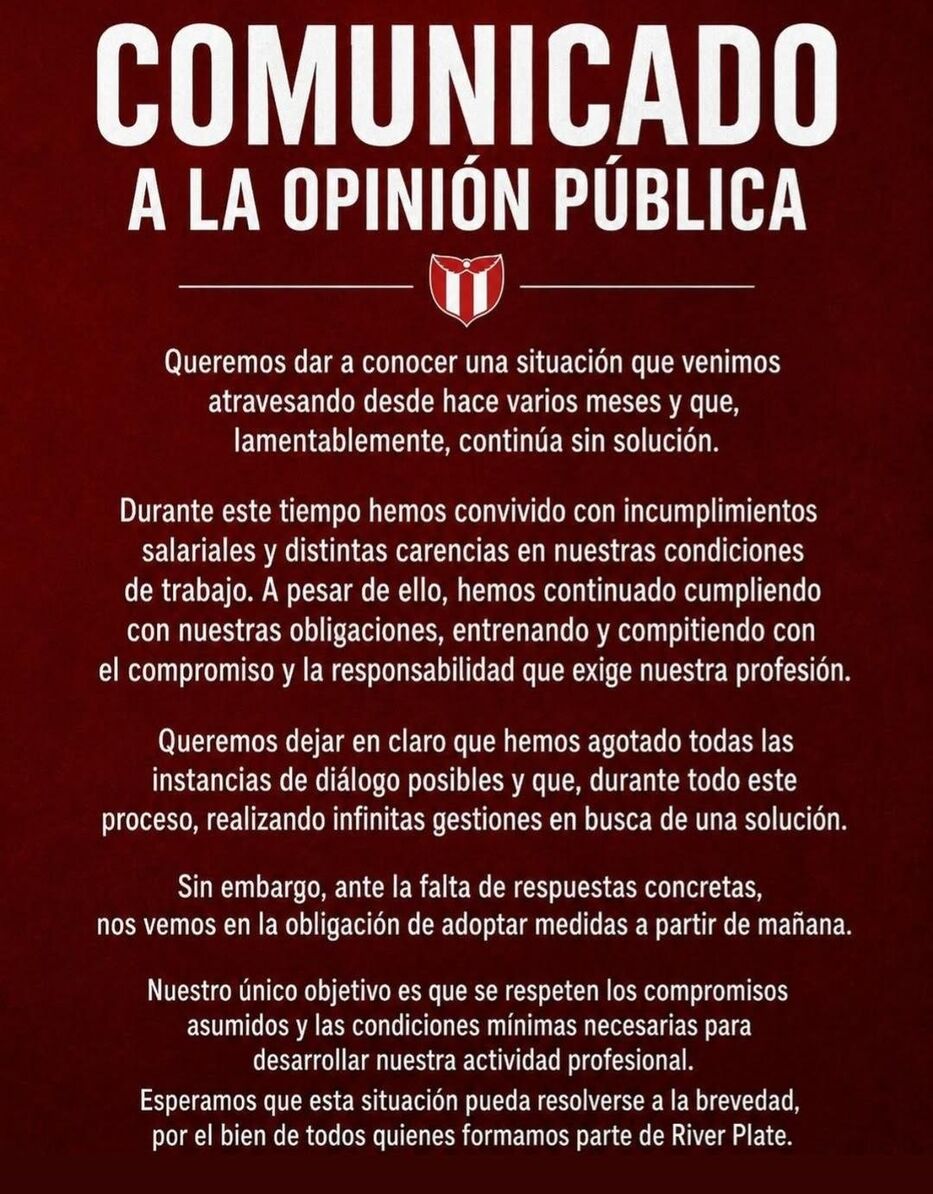 Comunicado del plantel de River Plate