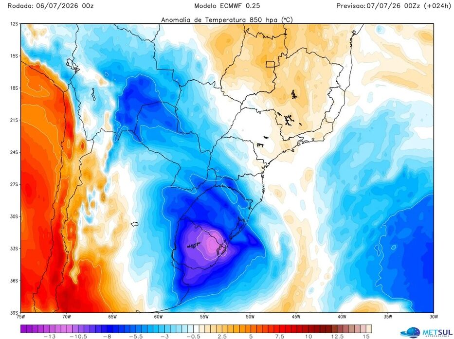 Según se establece en la gráfica a pie de imagen, las zonas en violeta sufrirían temperaturas entre 0 y -10 grados.