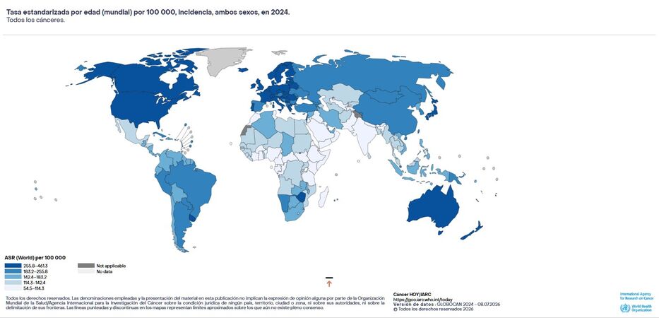 Incidencia del cáncer cada 100.000 habitantes, a 2024. Datos de OMS
