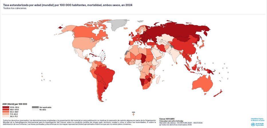 Mortalidad por cáncer cada 100.000 habitantes, a 2024. Datos de OMS