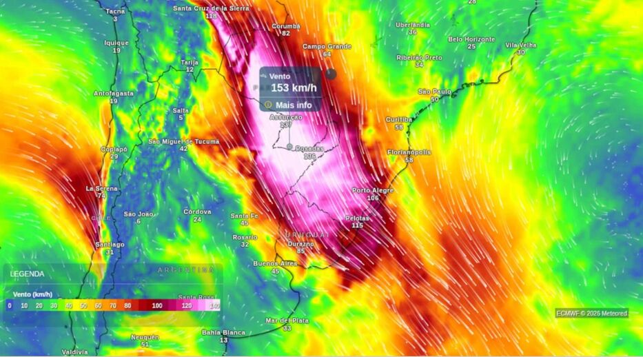 Proyección para el mediodía del viernes muestra al norte uruguayo con vientos por encima de 100 km/h. Meteored