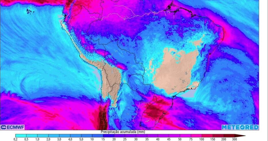 Proyección regional de acumulado de precipitaciones entre el 17 y el 25 de julio. Meteored