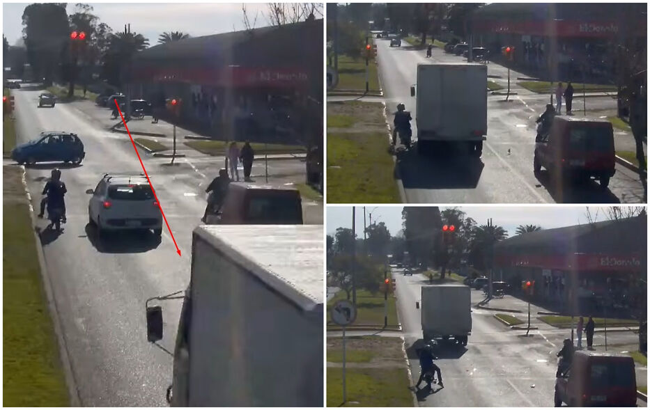Muy apurado: camión rozó a una moto y embistió de atrás a un auto antes de cruzar con roja